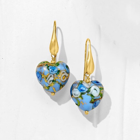Italian Murano Glass Heart Drop Earrings in 18kt Gold Over Sterling - Picture 4 of 5